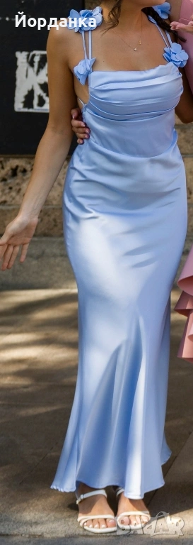 Рокля син сатен с гол гръб, снимка 1
