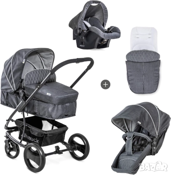 Hauck Pacific 4 Shop’n Drive Set – 3 в 1 Бебешка Количка, Столче за Кола и Трансформиращ се Кош Сива, снимка 1