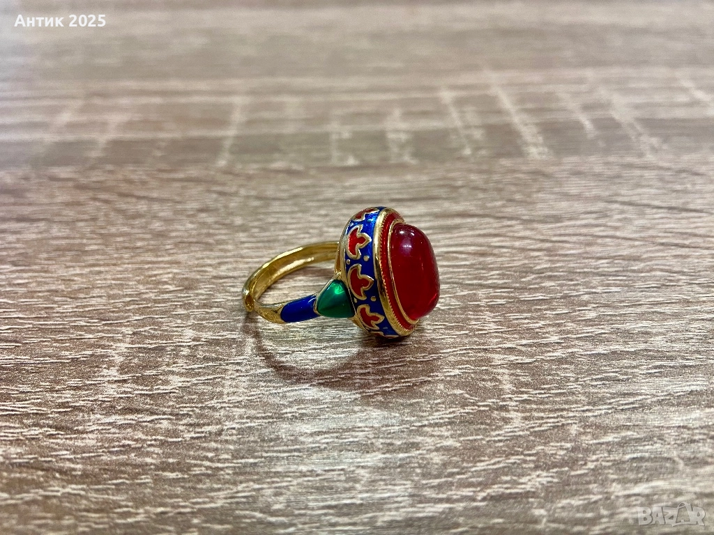 Декоративен пръстен с червена вложка и емайл, универсален размер, снимка 1