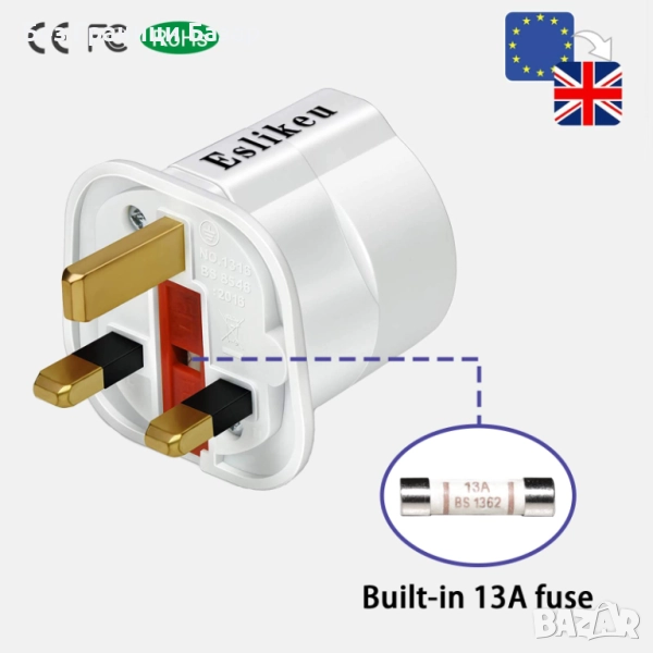 Нов компактен Универсален EU към UK щепсел с предпазител – за пътуване до UK, снимка 1