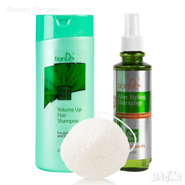 Шампоан с алое + спрей с алое „Обем и еластичност“ – ПОДАРЪК натурална гъба „Коняку“, снимка 1