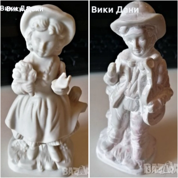 порцелан момиче с букет момче музикант, снимка 1