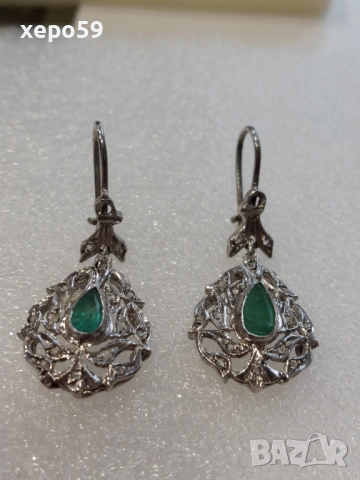 Стари дамски златни обеци с изумруд и диаманти., 1 650 лв, снимка 5 - Обеци - 52217598