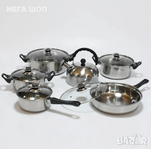 Комплект от 12 части за всяка кухня. 3бр тенджери, тиган, касерола и чайник и капаци, снимка 2 - Съдове за готвене - 53917998