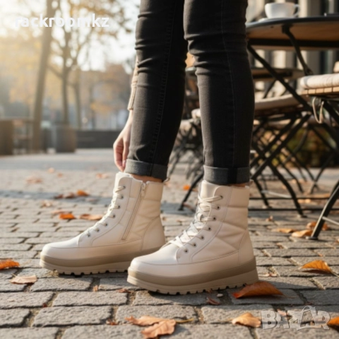 Дамски бежови боти с връзки и цип и топъл каракул модел: b1103-2 beige, снимка 5 - Дамски боти - 52876528