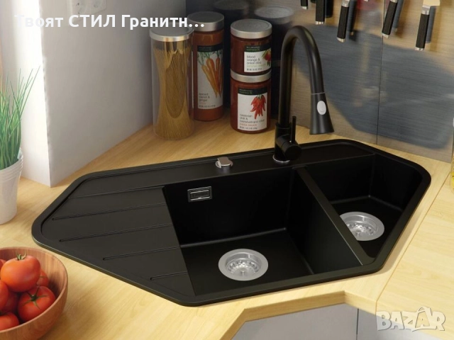 Черна ъглова кухненска гранитна мивка Копенхаген 900 Corner 900x500 мм, снимка 3 - Мивки - 51892470