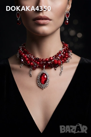 Червен комплект колие и обеци , снимка 3 - Колиета, медальони, синджири - 54081276