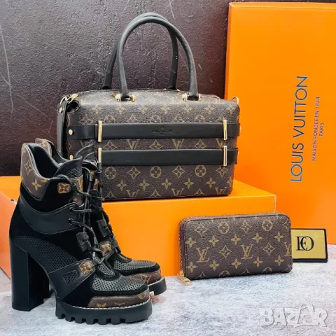 дамски комплекти боти на ток от естествена кожа, чанта / раница и портмоне louis vuitton , снимка 5 - Чанти - 48341012