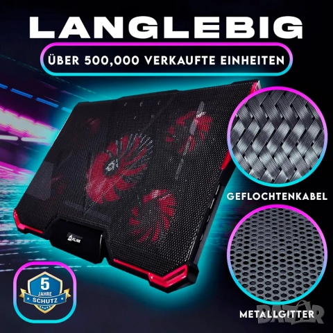 Охладителна подложка за лаптоп KLIM Cyclone с 5 вентилатора и подсветка , снимка 8 - Други - 52762555