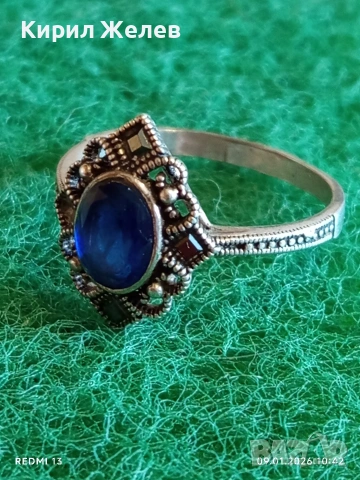 Сребърен пръстен с САПФИР повлиян от Викторианската епоха стил Арт Деко филигранна изработка 43320, снимка 4 - Пръстени - 53040875