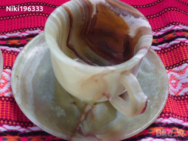 Уникален комплект от пакистански Оникс - 3 чаши с чинийки + 2 декоративни сфери, снимка 4 - Други - 54125547