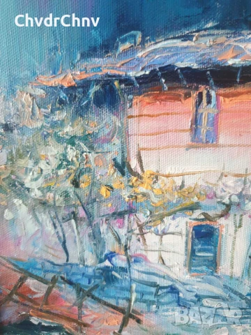 Димитър Генев 33x27см/малка българска картина масло върху платно/стара селска къща, снимка 3 - Картини - 51153006