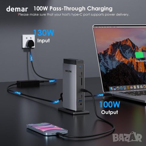 WAVLINK USB C докинг станция с 3 HDMI, 15 в 1, 5 USB порта, 2DP, 1Gbps, снимка 3 - Кабели и адаптери - 46446855