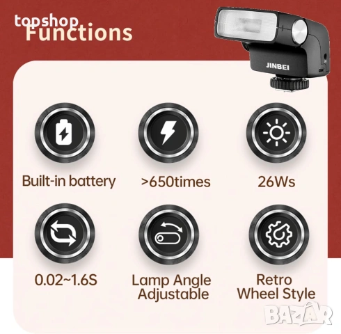 НОВА Ретро Светкавица JINBEI Hi-5 Retro Flash - За Canon, Nikon, Sony, Fuji, Olympus, Panasonic..., снимка 11 - Светкавици, студийно осветление - 53145774