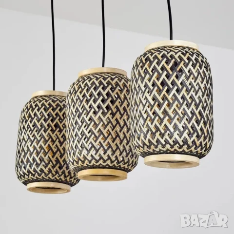 Полилей Лампа VENUS ратанова с три глави винтидж 50 см черна основа, снимка 2 - Лампи за таван - 51423444