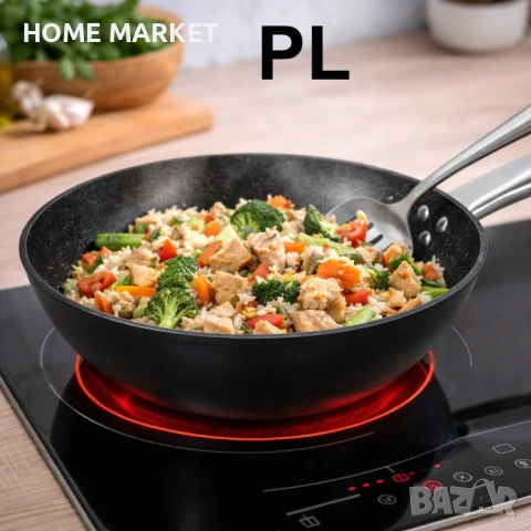 Уок тиган Oliver Voltz Biostone OV54420N28 – Ø28 см, Кован алуминий, Мраморно покритие, снимка 2 - Прибори за хранене, готвене и сервиране - 53525117