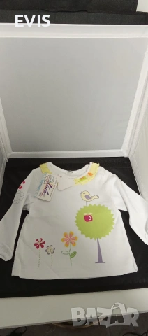 Детска блуза с дълъг ръкав „Птиче и цветя“ – Нова с етикет, снимка 2 - Бебешки блузки - 53769422