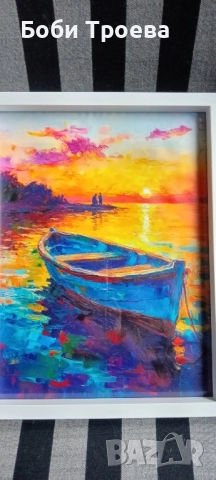 Средиземноморски крайбрежен пейзаж с лодка,синьо море,залез, снимка 4 - Картини - 51974449