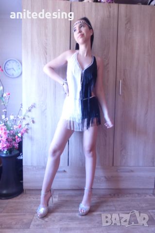 бяло и черно -рокля за спортни танци с ресни и кристали, снимка 4 - Рокли - 46408205