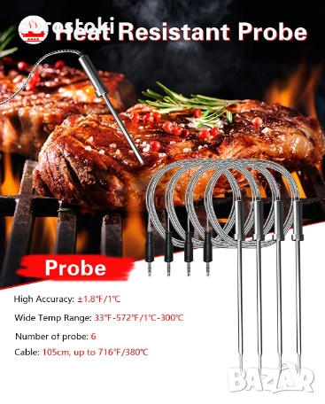Безжичен термометър за месо BFOUR BF-5, цифров Bluetooth термометър за фурна, грил, барбекю, снимка 7 - Барбекюта - 52148403