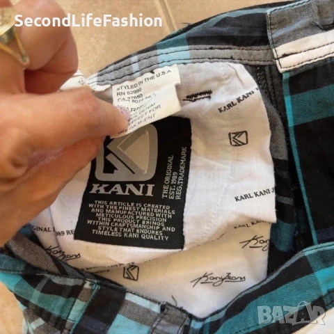 Мъжки къси панталони  Karl Kani с винтидж каре размер 28 син цвят, снимка 5 - Къси панталони - 53219142