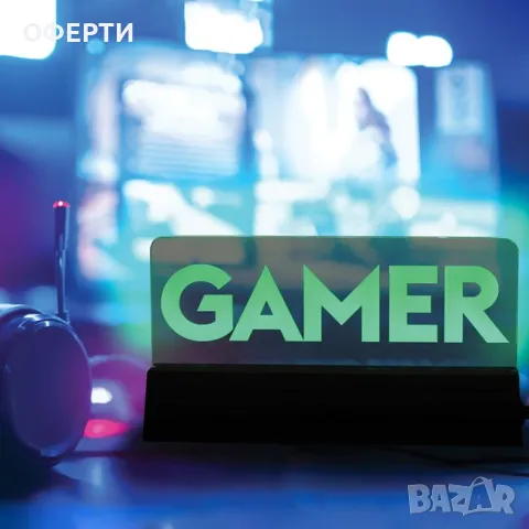 Надпис със зелена светлина Основа "GAMER" 18.5x3x10см арт No216406, снимка 1 - Друга електроника - 47021569