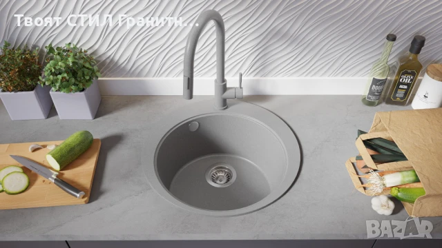 Сива кръгла кухненска мивка от гранит Пиза 45 Top 500 x 500 мм, снимка 6 - Мивки - 50782877