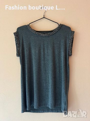 Warehouse Тъмно сива тениска с мъниста на деколтето и ръкавите 40 размер 🩶, снимка 1 - Тениски - 45419679