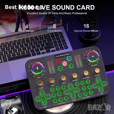 Facmogu K600 Геймърски аудио миксер, стрийминг аудио миксер с XLR микрофон, снимка 2 - Друга електроника - 54089019