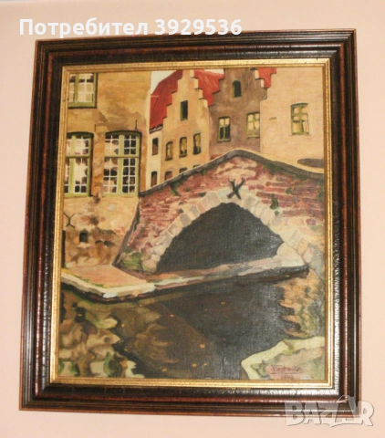 „Изглед към Брюж/ Мостът" в рамка, Белгия, Подпис: Jules Verstraeten, снимка 2 - Други ценни предмети - 52668728