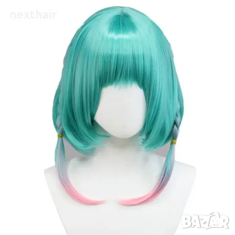 Аниме синьо зелена тюркоазена перука с плитки Anime Vtuber Kyo Kaneko Cosplay, снимка 5 - Аксесоари за коса - 50328253