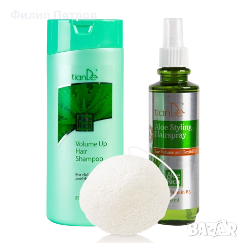 Шампоан с алое + спрей с алое „Обем и еластичност“ – ПОДАРЪК натурална гъба „Коняку“, снимка 1
