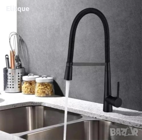 Висок кран за мивка с подвижен гъвкав чучур тип "U", черен