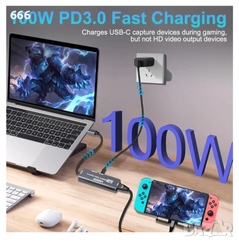 Flintronic USB 3.0 видео карта за заснемане със 100W PD, HDMI към USB-C 4K 1080P 60FPS, снимка 4 - Друга електроника - 53578979