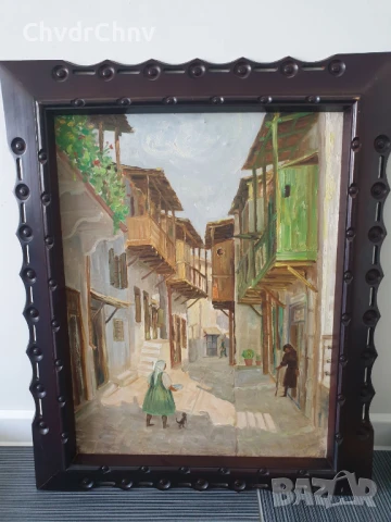 Kazakos 82х67см Казакос/голяма стара гръцка картина масло върху платно/възрожденски къщи/дърворезба