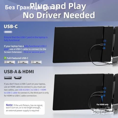 Нов 14 инча IPS FHD 1080P HDMI/USB-A/Type-C Лаптоп Монитор Екстендер, снимка 4 - Монитори - 46760914