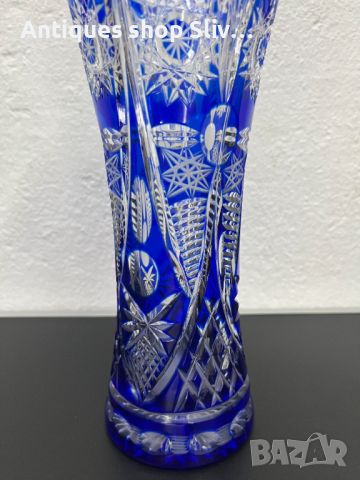 Бохемска кристална кобалтово / синя ваза. №5394, снимка 3 - Антикварни и старинни предмети - 45761499
