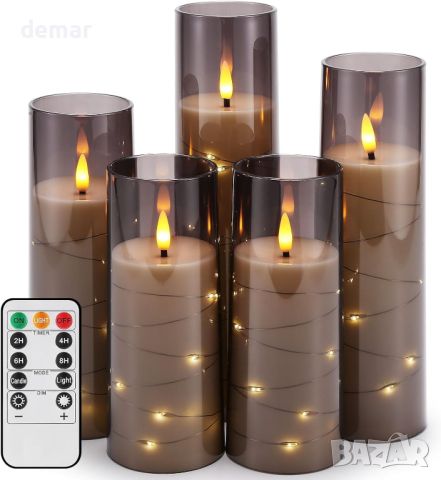 KYWLCO 5 бр. безпламъчни LED свещи за декорация, мигащи, работещи с батерии,таймер,дистанционно,сиви, снимка 1 - Декорация за дома - 45639317