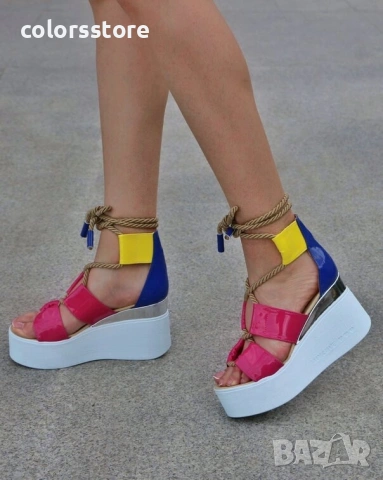 Сандали на платформа - циклама, синьо и жълто лак - 311 