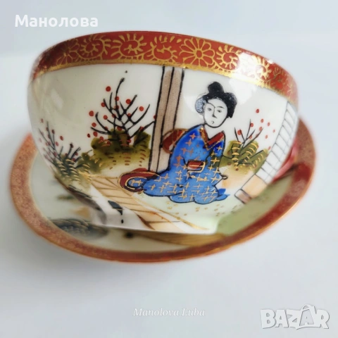 Порцеланова чаша с чинийка Kutani Shoza. , снимка 5 - Антикварни и старинни предмети - 54011871