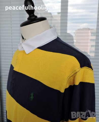 Polo Ralph Lauren Vintage 90’s Pique Rugby Shirt Men’s Yellow/Blue Striped XL, снимка 7 - Блузи - 45265055