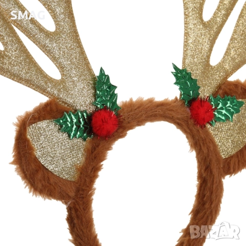 Коледна диадема с кафяви еленски рога, имел и плодчета 13 см_1255076, снимка 2 - Шноли, диадеми, ленти - 52708633