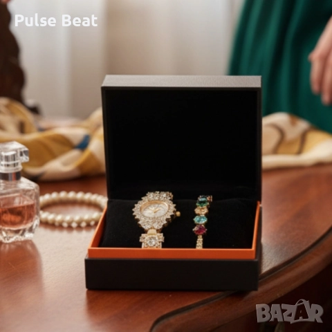 Луксозен дамски комплект – часовник с кристали + гривна с многоцветни камъни, снимка 5 - Дамски - 52057774