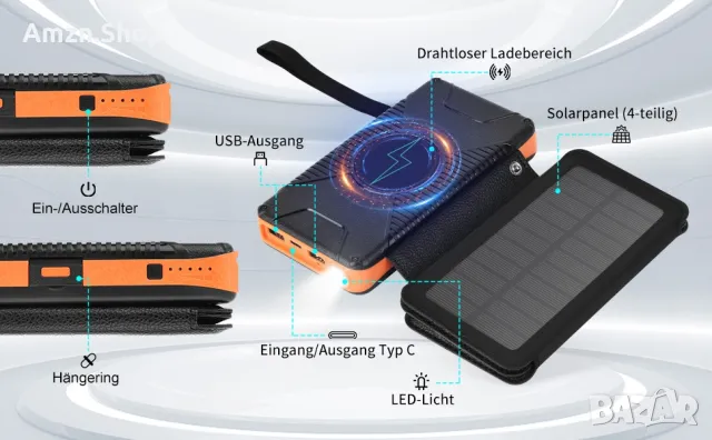 Соларен панел Соларна батерия преносимо слънчево зарядно устройство 26800 mAh бързо зареждане PD 18w, снимка 18 - Външни батерии - 50275740