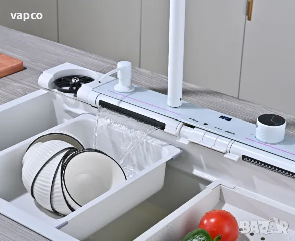 Бяла мултифункционална кухненска мивка с регулируем двоен водопад, снимка 5 - Мивки - 49695378