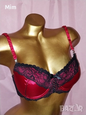 75 В Червен сатенен сутиен с черна дантела , снимка 3 - Бельо - 53207786