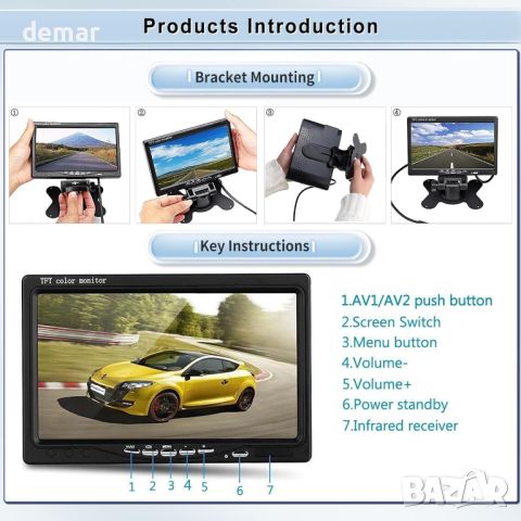Камера за заден ход Hodozzy и 7-инчов LCD монитор, IR нощно виждане Водоустойчив 12V-24V, снимка 5 - Аксесоари и консумативи - 46199814
