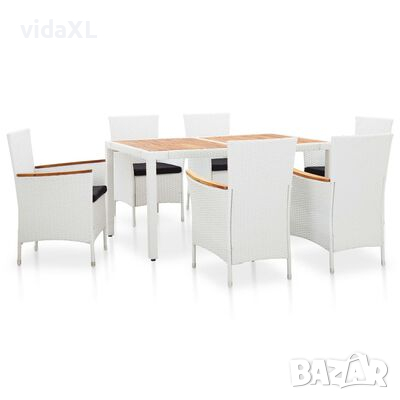vidaXL Градински трапезен комплект, 7 части, полиратан, бял（SKU:45997