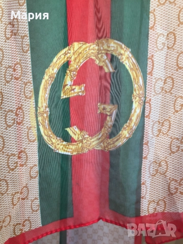 Нов Дамски Шал Gucci Прозрачен Лого Гучи Бежов Червен Зелен, снимка 17 - Шалове - 51826454