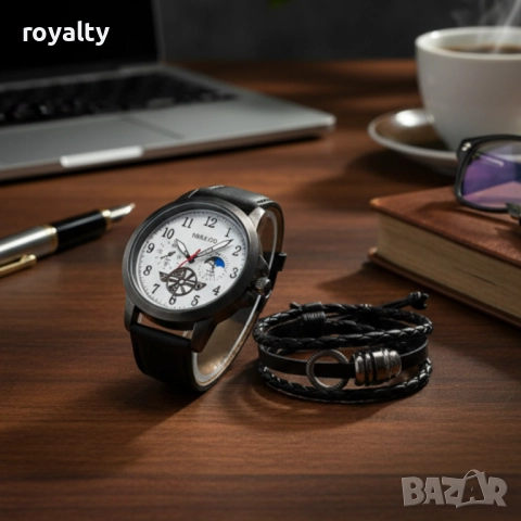Мъжки часовник с големи цифри и подаръчна гривна – стил и практичност в готов комплект, снимка 5 - Бижутерийни комплекти - 52122294